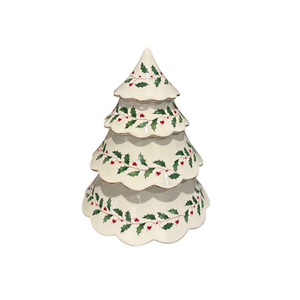 Lenox Holiday Archive Christmas Tree Cookie Jar Ivory Holly Gold Trim 11" 851333